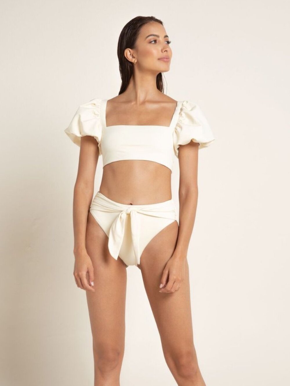 AGUA BENDITA Callista Ivory Puff Sleeve Square Neck Bikini Top, Size S